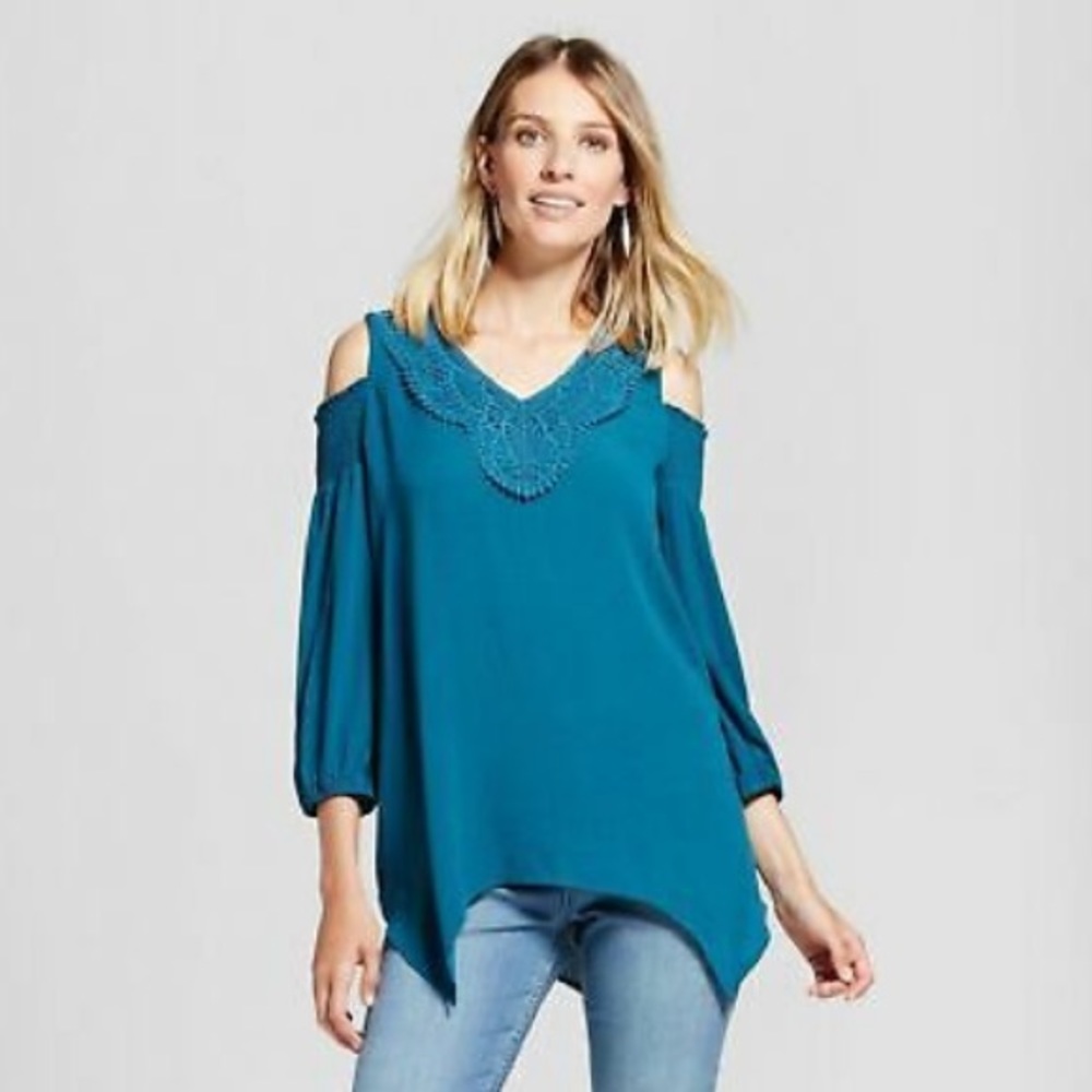 Knox Rose Teal Cold Shoulder Blouse SMALL